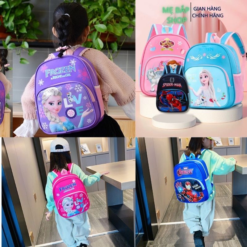 Ba lô cho bé trai, bé gái, balo đi học mẫu giáo mầm non 2 ngăn in hình Sofia Elsa Ironman người nhện Mẹ Bắp Shop