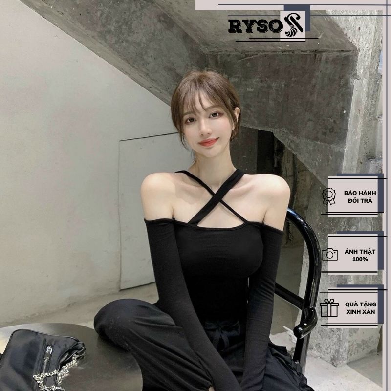 Áo croptop tay dài hở vai chất borip gân cao cấp - Có 2 kiểu mặc siêu cá tính cho nàng