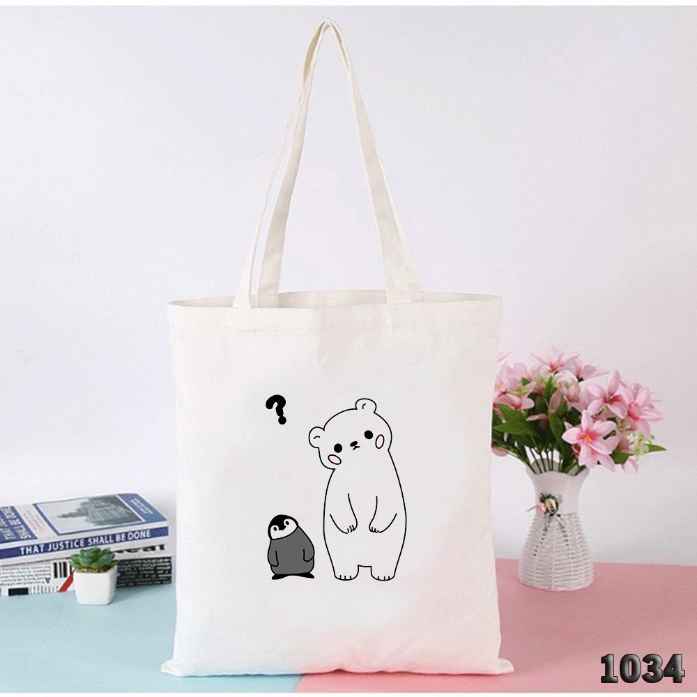 Túi Tote Trắng Chất Vải Canvas 507 1034 Gấu Và Chim Cánh Cụt Dễ Thương Hàng Chuẩn Đẹp - Hazo