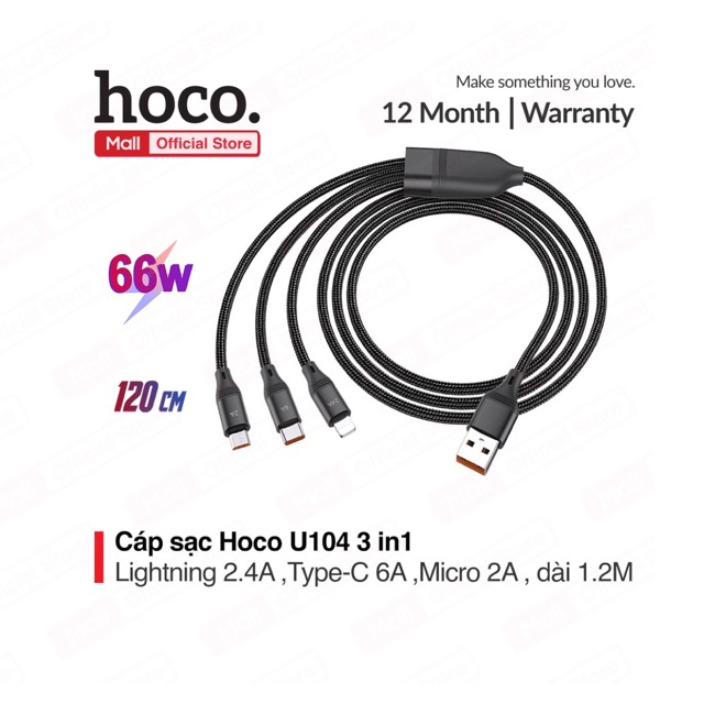 Cáp sạc nhanh và truyền dữ liệu Hoco U104 66W 3in1 1 cổng I.p/Type-C/Micro dây dù siêu bền dài 1.2M