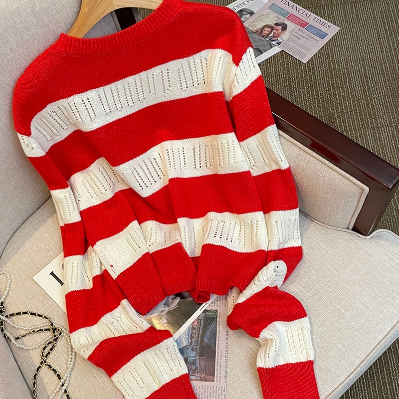 Áo ZHELIHANGFEI vải dệt kim tay dài cổ tròn họa tiết kẻ sọc