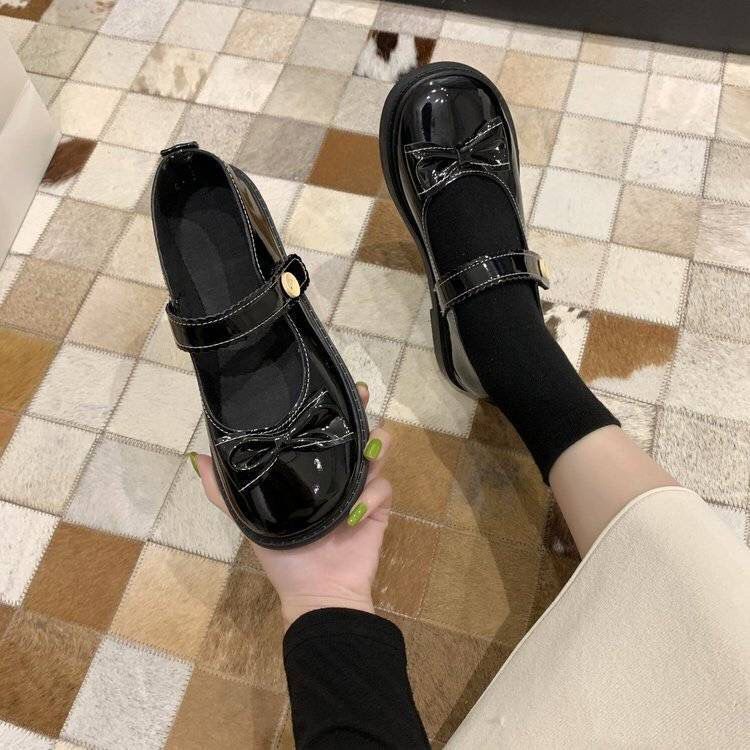 Giày Lười Mũi Tròn Đính Nơ Màu Đen Dễ Thương Cho Nữ