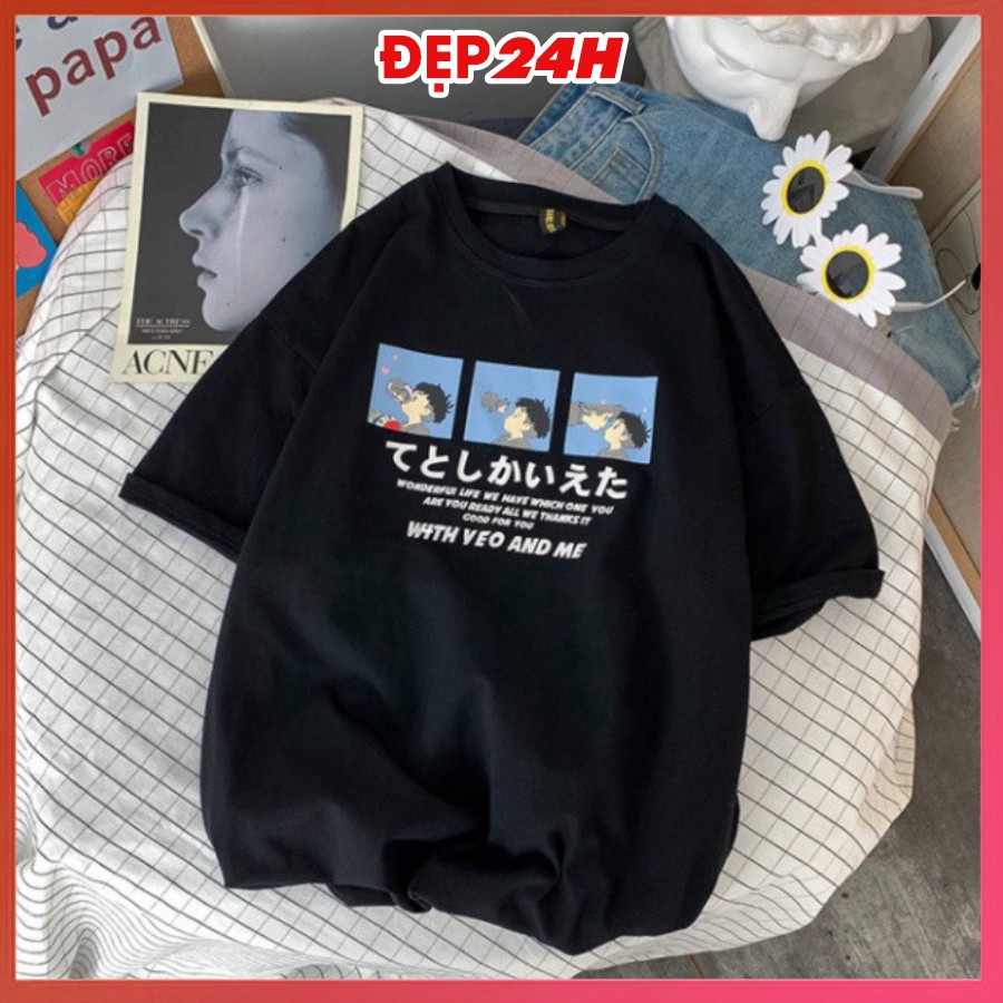 Áo thun nam nữ form rộng tay lỡ, Áo phông unisex in chữ With You and Me, chất liệu thun Cotton co giãn