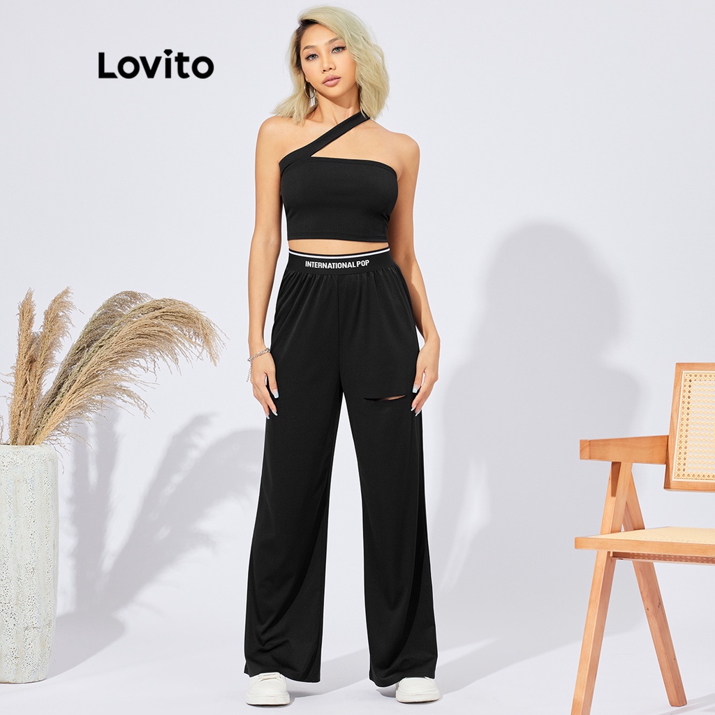 Lovito Áo Xe Tăng DệT Kim Không ĐốI XứNg Trơn ThườNg &amp; Camis L22AD004 (Đen)