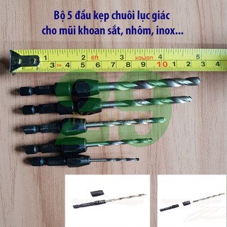 Bộ 5 đầu kẹp chuôi lục giác cho mũi khoan sắt, nhôm, inox... Tặng găng Tay Bảo Hộ