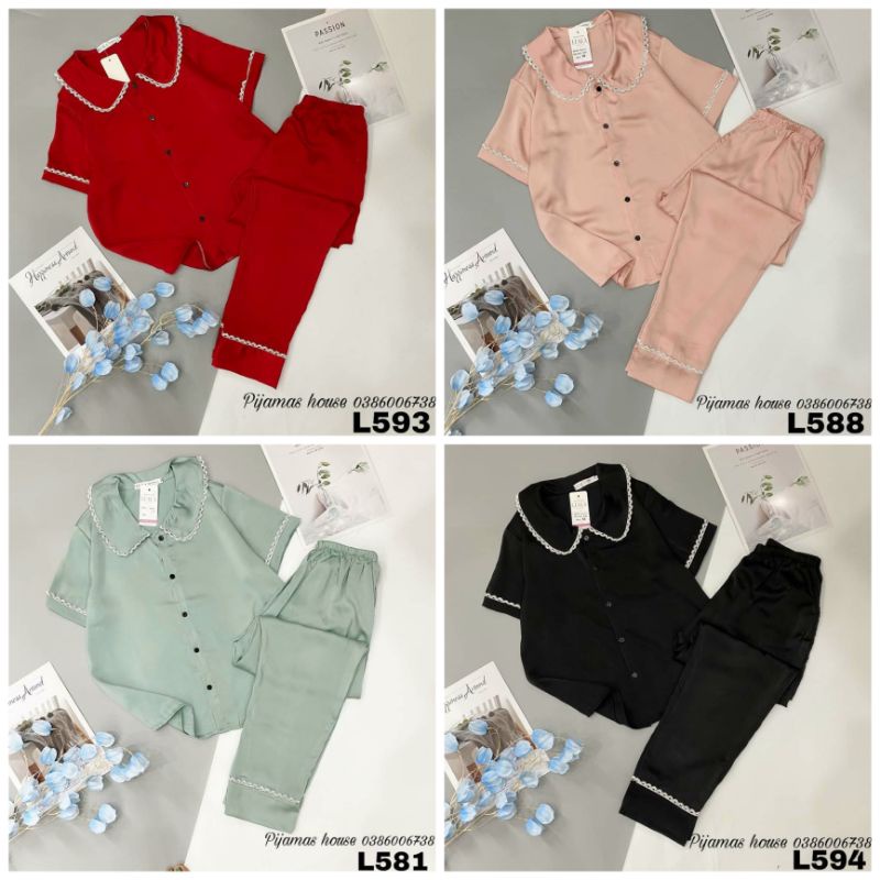 Bộ Pyjama Thiết Kế Cổ Ren Tay Cộc Quần Dài Siêu Hot