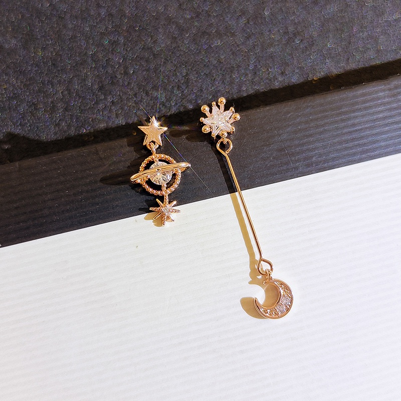 [Jiudolan] Bông Tai Mạ Vàng 18K Đính Đá Zircon Mặt Trăng Ngôi Sao Thanh Lịch