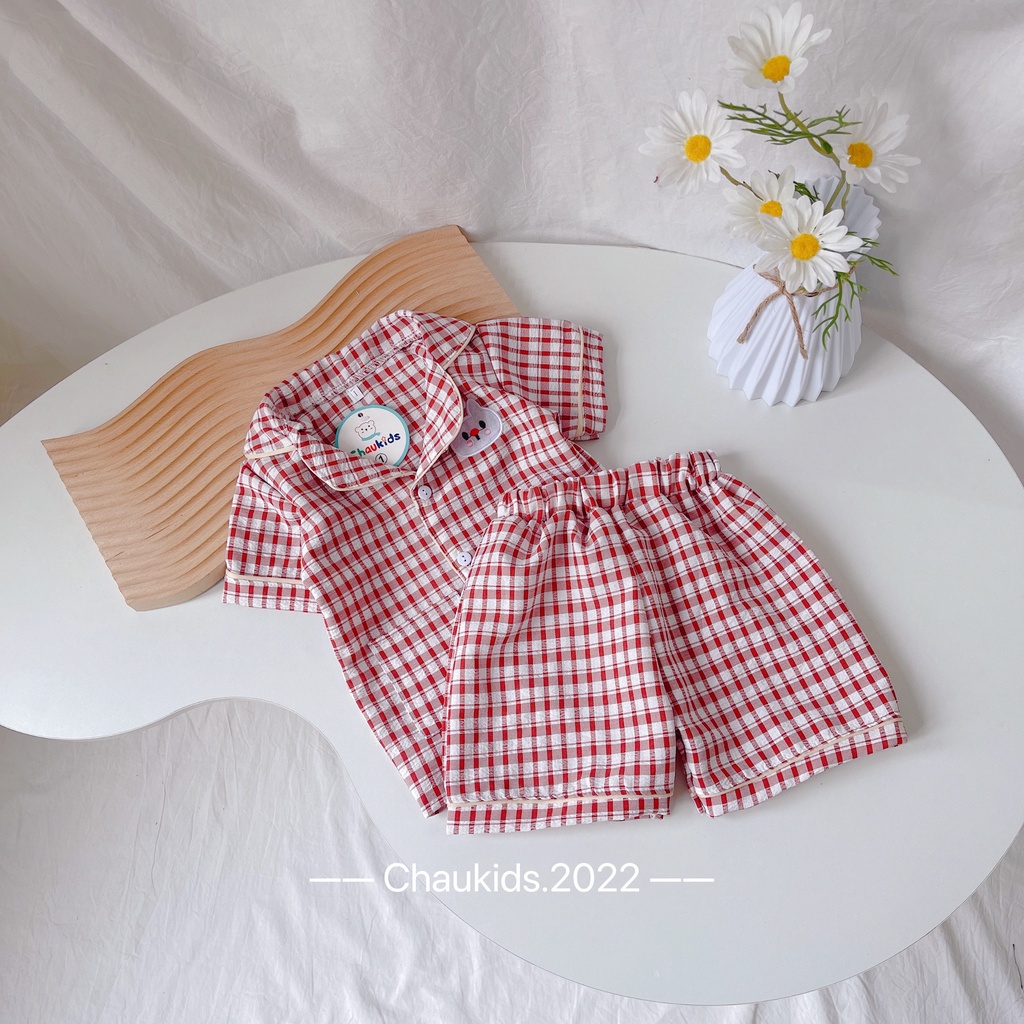 [SALE] Pyjama Cho Bé Trai, Bé Gái Mặc Nhà KIMCHIBABY Vải Thô Mềm Hoạ Tiết Kẻ Sọc Mặt Gấu, Bộ Quần Áo Cho Bé CK04