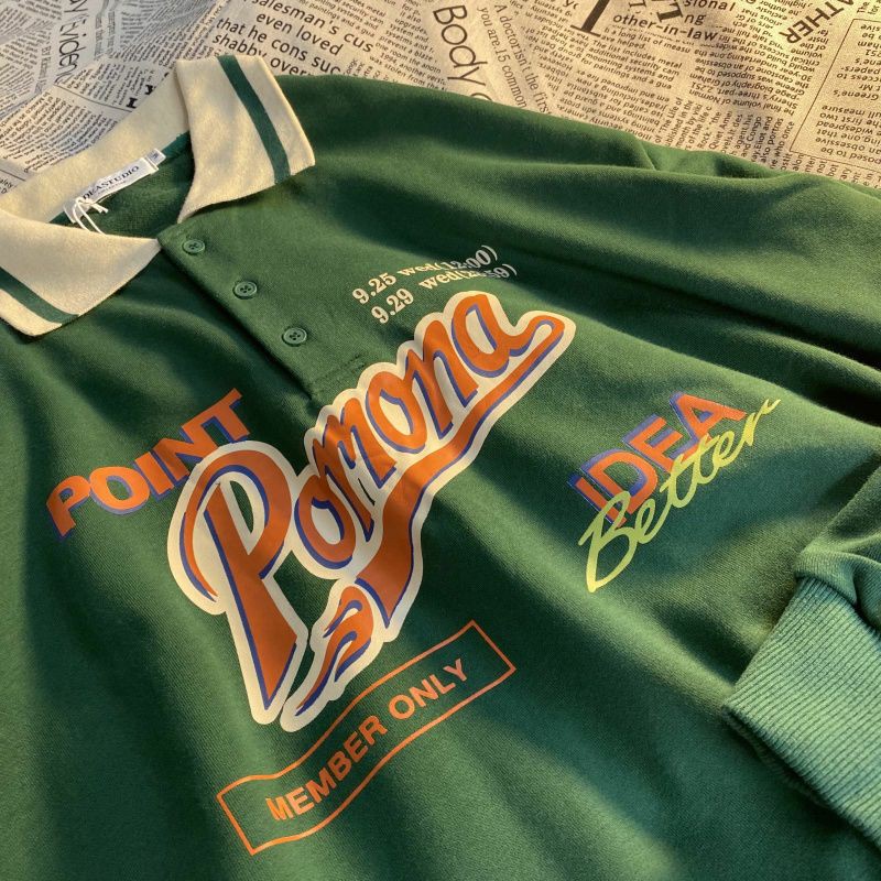 [ORDER] Áo sweater polo nỉ da cá cho nữ dáng rộng in chữ Point Pomona dành cho cá tính street style 2 màu (ảnh thật) | BigBuy360 - bigbuy360.vn
