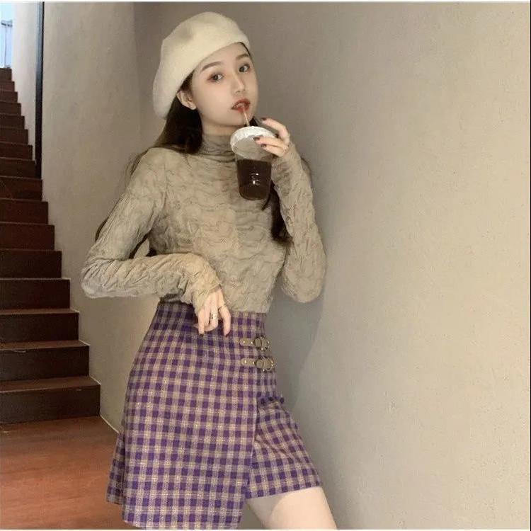 Áo thun tay dài cổ cao phối ren thiết kế xếp ly thời trang nữ sành điệu