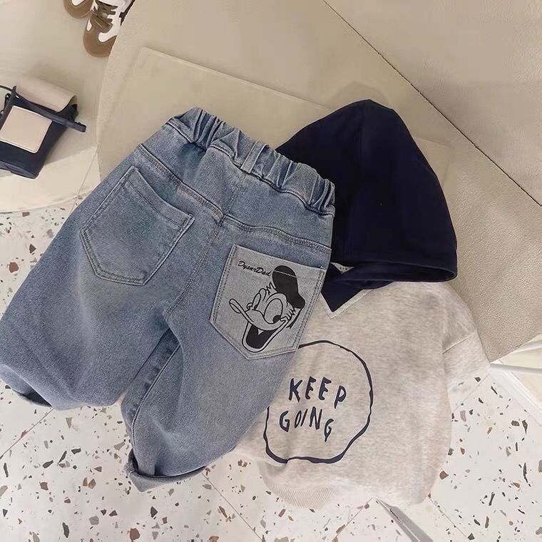 Quần Jean dễ thương cho bé trai,Quần Jean Dài Vải Cotton Co Giãn Tốt In Hình Vịt Donald Thời Trang Cho Bé Trai
