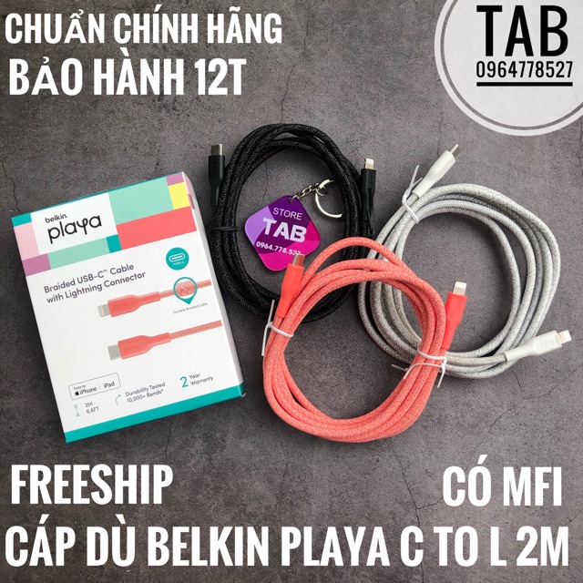 [Mã 2404EL10K giảm 10K đơn 20K] Cáp Dù Belkin Playa UsbC to Lightning Chính Hãng - Có MFI (Bảo Hành 12T)