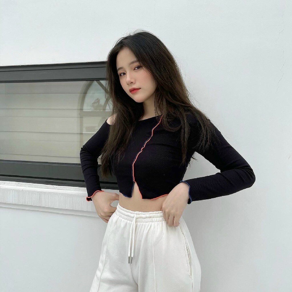 Áo trễ vai croptop tay dài viền chỉ nổi cá tính A018