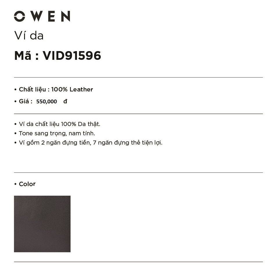 OWEN - Ví da nam Owen VID91596 - Ví ngang - Chất liệu da thật - Màu đen