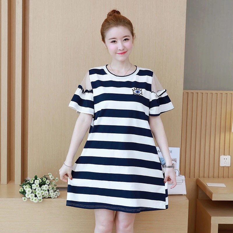 ĐẦM SUÔNG SỌC HỞ VAI PHỐI LƯỚI | BigBuy360 - bigbuy360.vn