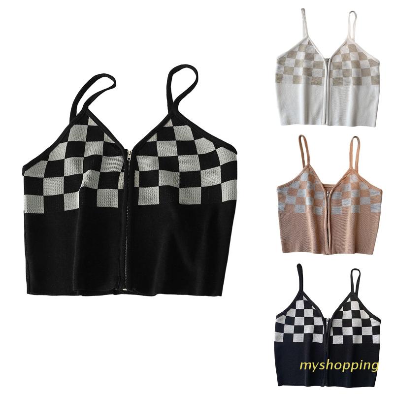 Áo Croptop Dệt Kim Hai Dây Cổ Chữ V Dáng Ôm Kẻ Sọc Caro Phối Khóa Kéo Thời Trang Mùa Hè Cho Nữ