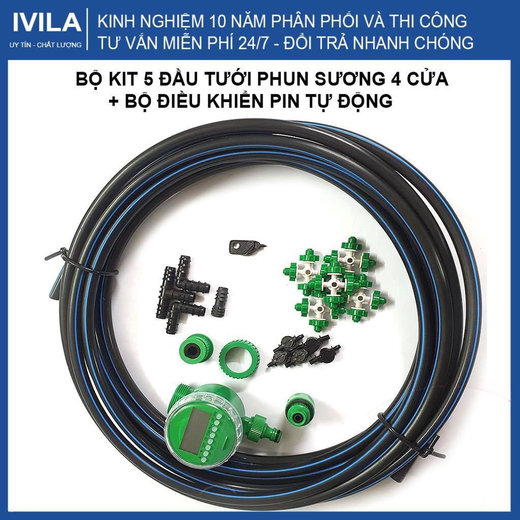 Bộ Kit 5 đầu tưới phun sương 4 cửa + bộ điều khiển pin tự động hèn giờ - hiệu quả, lắp đặt nhanh chóng