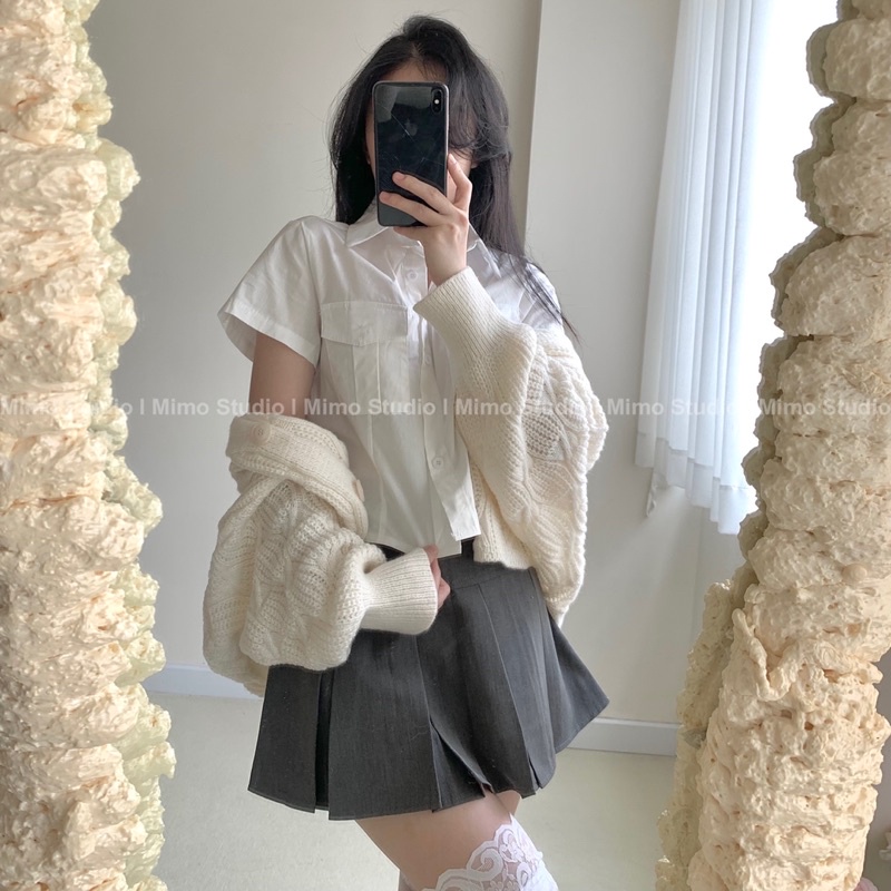 Áo cardigan vặn thừng - sơ mi trăngs tay ngắn phối túi | BigBuy360 - bigbuy360.vn