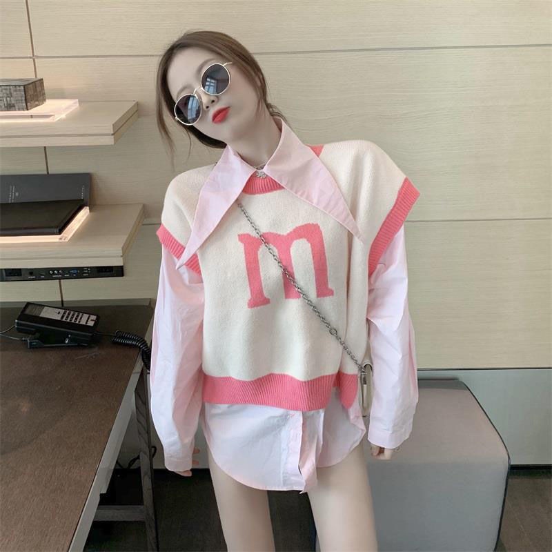 Set Áo Sơ Mi Tay Dài Dáng Rộng + Áo Len Không Tay Phong Cách Hàn Quốc Cho Nữ