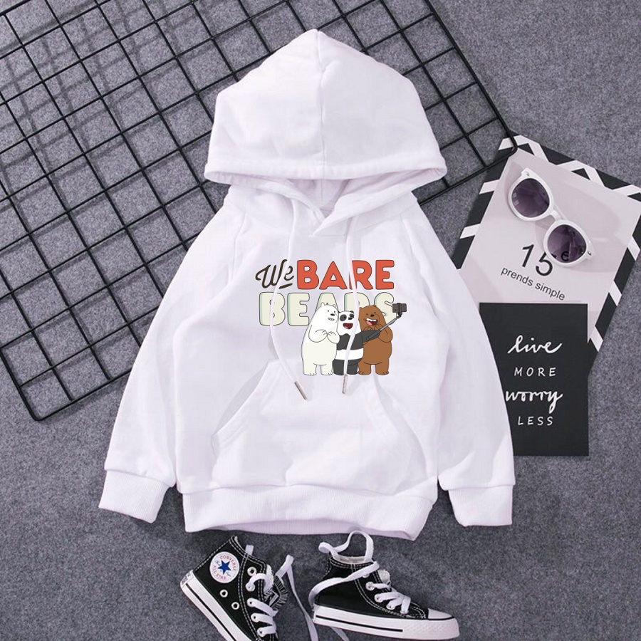 Áo khoác nỉ hoodie we bare bears màu trắng 3 chú gấu đủ size cho bé trai bé gái