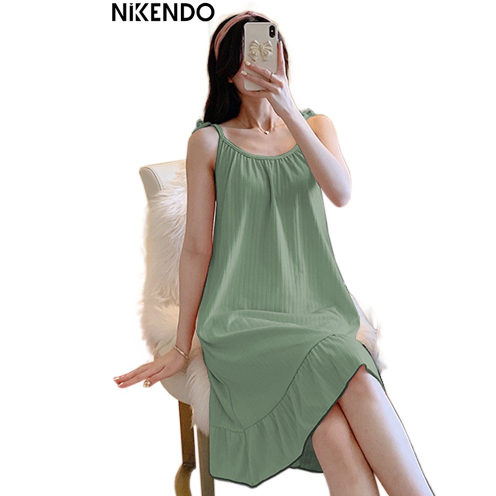 Đầm Ngủ Nữ Dễ Thương Quai Thắt Nơ - Váy Ngủ 2 Dây Sexy Thun 4 Chiều Nikendo VN04