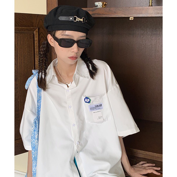 Áo sơ mi cộc tay túi ngực logo AP phom rộng unisex/Áo sơ mi nam nữ cúc cài đa di năng mặc đi học đi chơi_xuongmaythuhien