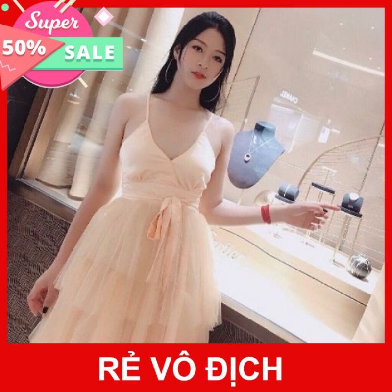 Đầm voal phối lưới 2 dây