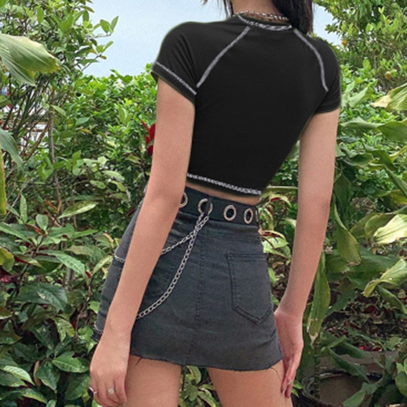 Áo Thun Croptop Tay Ngắn Màu Đen In Hình Bộ Xương Phong Cách Gothic Harajuku Cá Tính Dành Cho Nữ