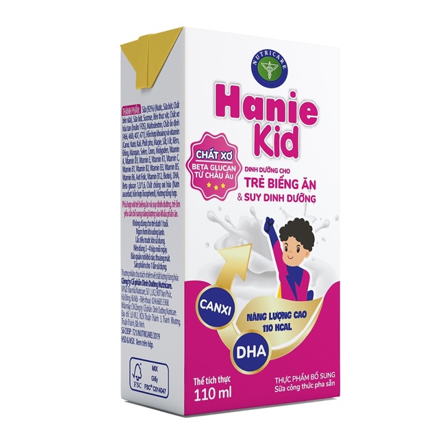 Thùng sữa bột pha sẵn Nutricare Hanie Kid- dinh dưỡng cho trẻ biếng ăn và suy dinh dưỡng trên 1 tuổi ( 110ml *48 hộp)