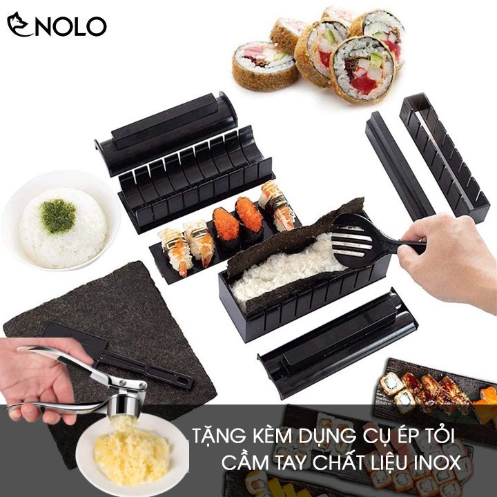 Set Dụng Cụ Khuôn Làm Sushi Cơm Cuộn Kimbap 10 Món Chất Liệu Nhựa PP Tặng Kèm Dụng Cụ Ép Tỏi Cầm Tay Chất Liệu Inox
