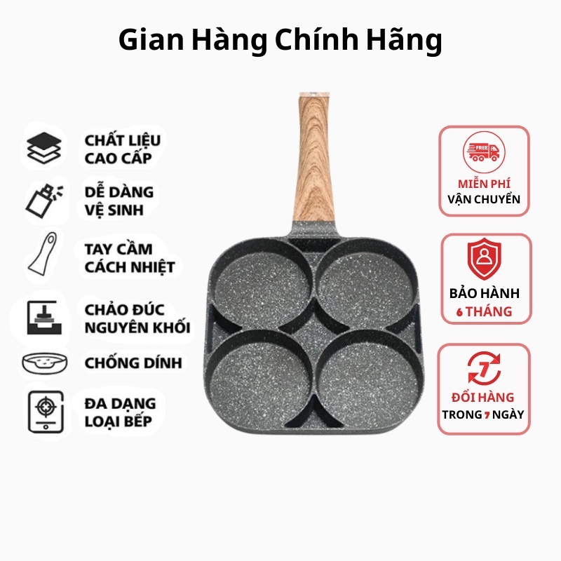 Chảo đá 4 ngăn chống dính, Chảo chiên chứng ốp la, làm bánh, Tay cầm gỗ cao cấp - Lỗi 1 đổi 1