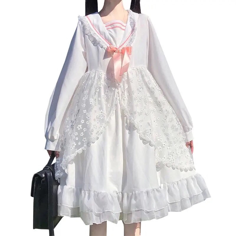 Đầm Công Chúa Dáng Rộng Phối Lưới Màu Trắng Phong Cách lolita Nhật Bản váy babydoll