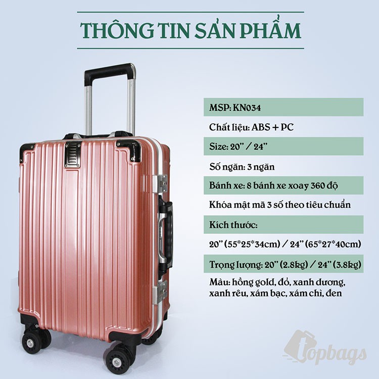 Vali khung nhôm khóa sập KN034 size 20, size 24 màu hồng gold - Vali khóa khung cao cấp, bảo hành 5 năm