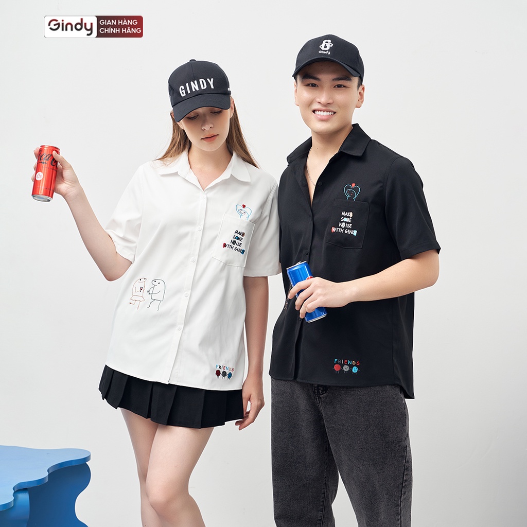 Áo sơ mi nam nữ form rộng unisex thời trang Hàn Quốc GINDY sơmi ngắn tay thiết kế thêu chữ họa tiết A077