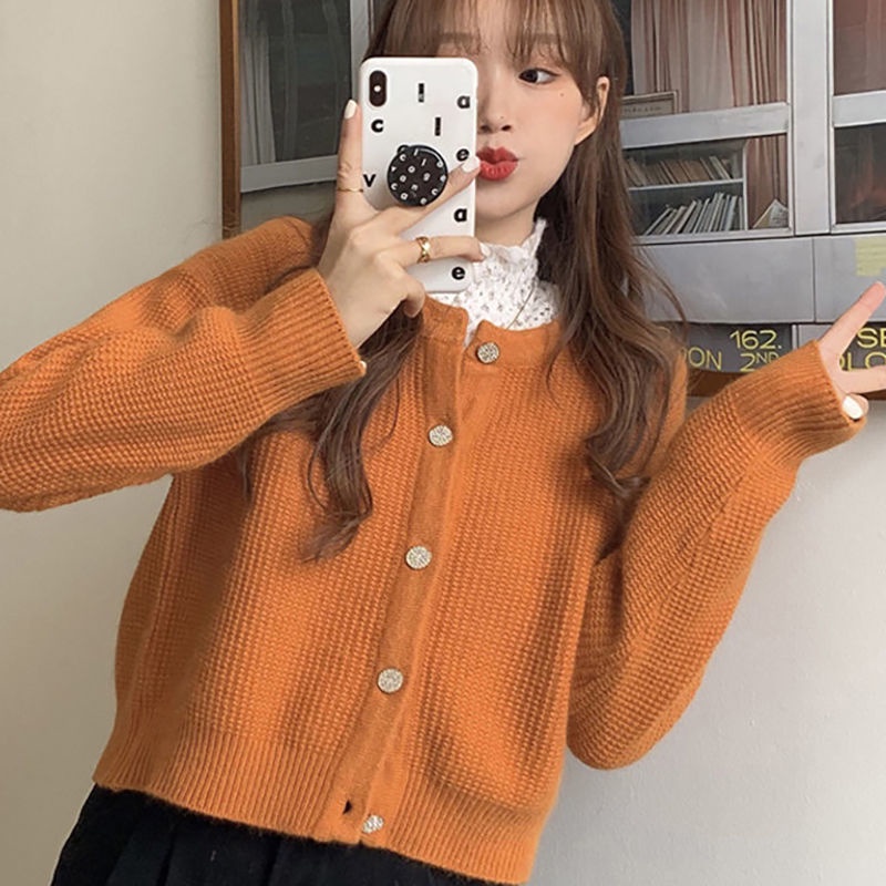 Áo Khoác Cardigan Dệt Kim Cổ Tròn Dáng Ngắn Phong Cách Hong Kong Thời Trang Cho Nữ