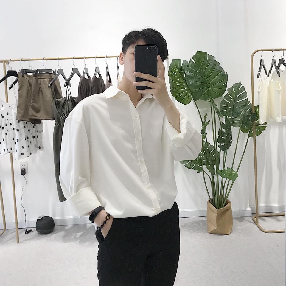 Áo sơ mi đen trắng DÀI TAY form rộng vải lụa thoáng mát unisex - Áo sơ mi nam nữ đẹp Hàn Quốc năm 2020  | Valu Store