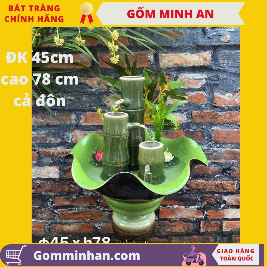 Bát hoa thác nước phong thủy trúc bộ 3 gốm Minh An Bát Tràng cao 78cm cả đôn, đường kính 40cm