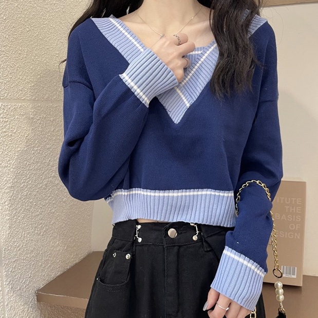 Áo Dệt Kim Tay Dài Giả Hai Lớp Cổ Chữ V Phong Cách Nhật Bản Thời Trang Mùa Thu Hàng Mới Dành Cho Bạn Nữ