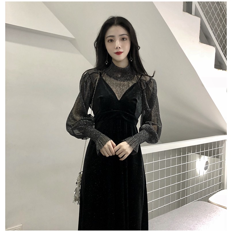 (Sẵn M) M29 - Đầm nhung Ulzzang dáng dài phối lưới kim sa sang trọng có Bigsize