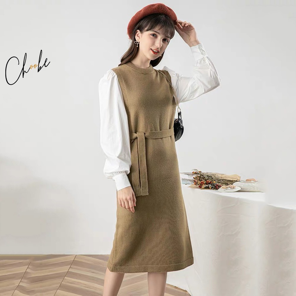 Váy len suông Choobe, phối tay sơ mi, đầm nữ dáng dài, cổ tròn, phong cách thời trang Hàn Quốc - V15