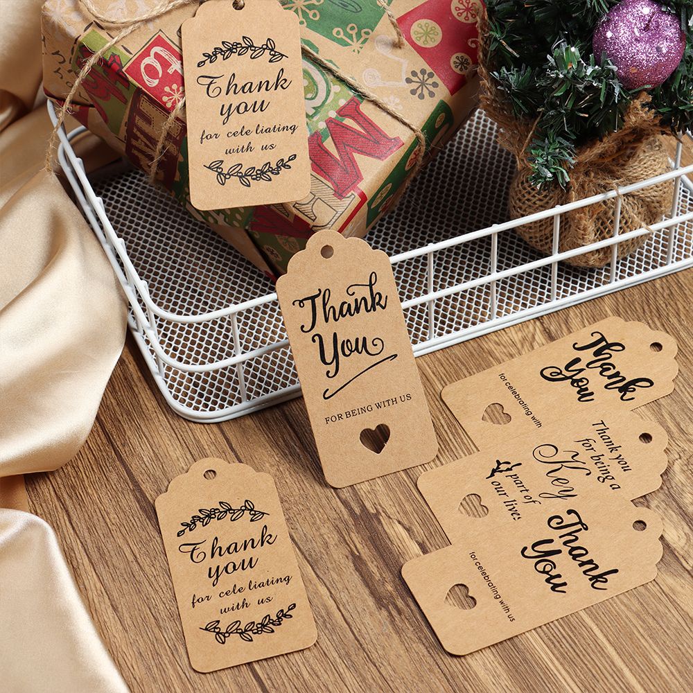 48 Thẻ tag bằng giấy kraft màu nâu in chữ Thank You có dây thừng dùng đóng bao bì DIY