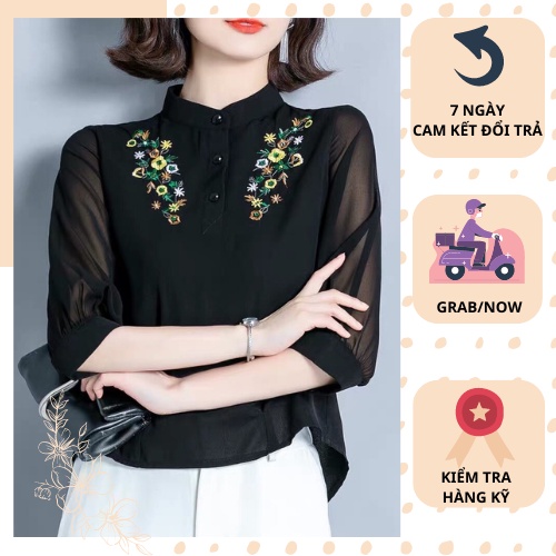 Áo trung niên nữ sơ mi thêu hoa, tay phối voan sang trọng tặng mẹ, đủ size M - 3XL - MODA 007