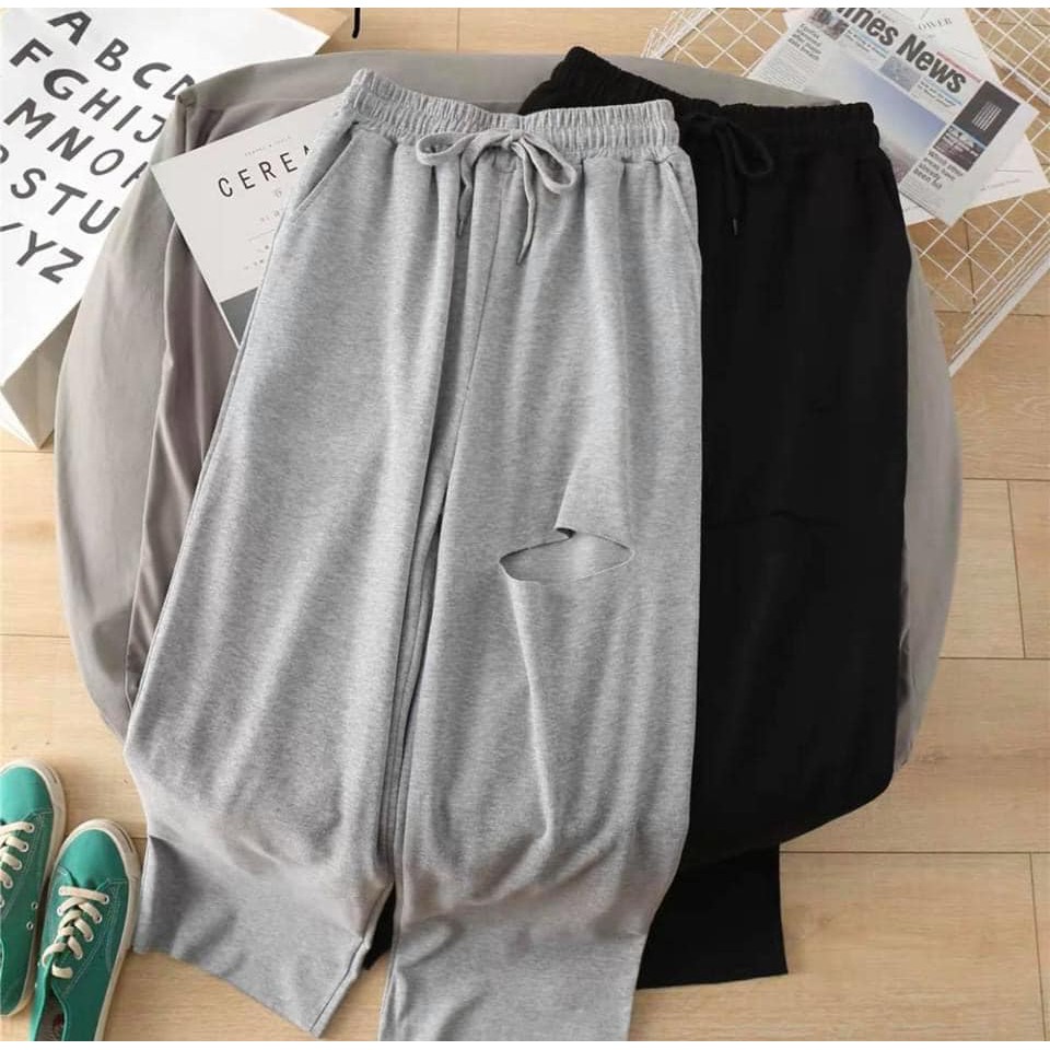 &lt; TẶNG GIẤY THƠM &gt; Quần Baggy suông rách gối - Vải Thun Hàn Quốc Chính Phẩm [ Form chuẩn UNISEX ]