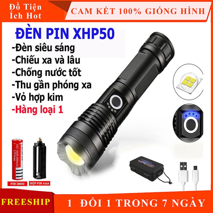 Đèn pin siêu sáng XHP50 có Zoom chiếu xa 500m, chống thấm nước, pin trâu 6800mAh, đèn pin cầm tay XMLT6, đèn pin mini