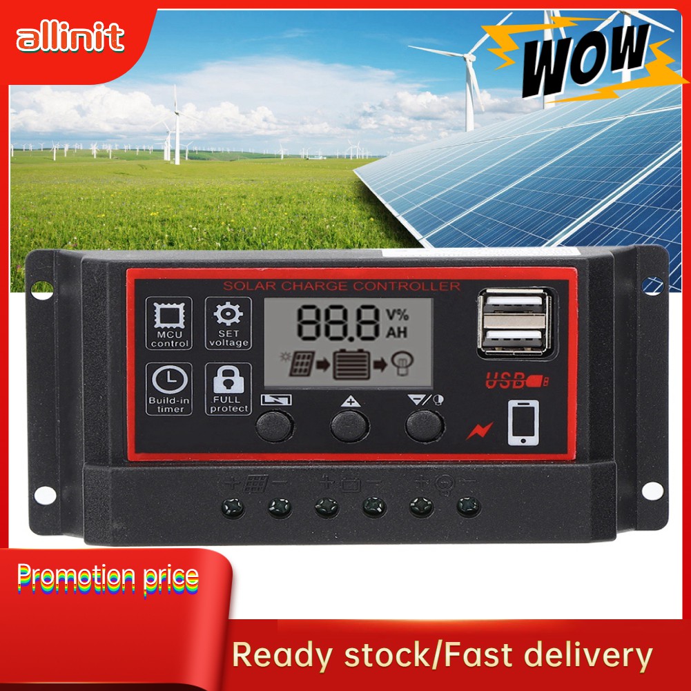 Allinit Bộ Điều Khiển Sạc Acquy Từ Năng Lượng Mặt Trời Tự Động10a-60a 12 / 24v Có Hiển Thị LCD + Sạc điện Thoại Từ USB