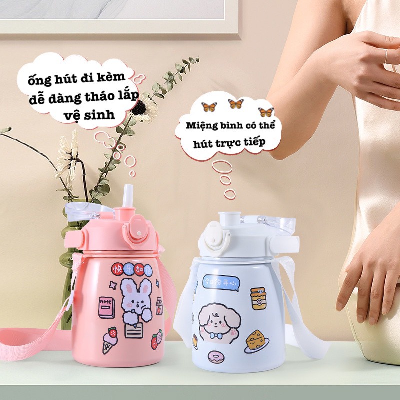 [ Có dây đeo, ống hút, sticker] Bình nước giữ nhiệt cute có sticker và ống hút - Bình giữ nhiệt 80ml cho bé inox 304 xịn