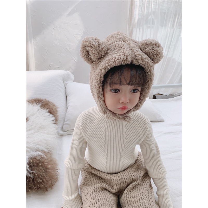 Mũ lông gấu- mũ len lông cừu tai gấu cài cúc kín cổ cho bé