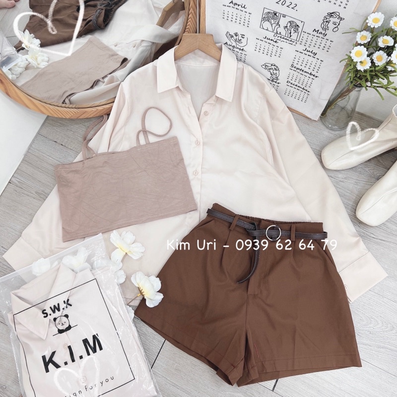 [Hàng sẵn - Hình thật] Set 4 chi tiết áo sơ mi nude tay dài + quần short lưng thun