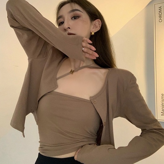Bộ áo khoác cardigan ngắn mỏng và áo 2 dây nhiều màu phong cách Hàn Quốc gợi cảm cho nữ