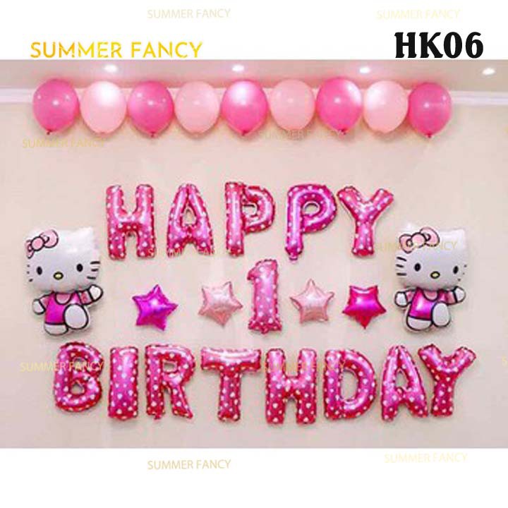 [ TẶNG BƠM + KEO ]Set bóng mèo kitty +sinh nhật hồng Happy birthday - trang trí thôi nôi cho bé gái - Foil balloon